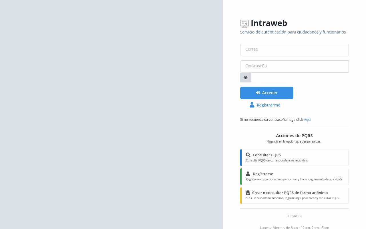 Pantalla de admin.intraweb.com.co