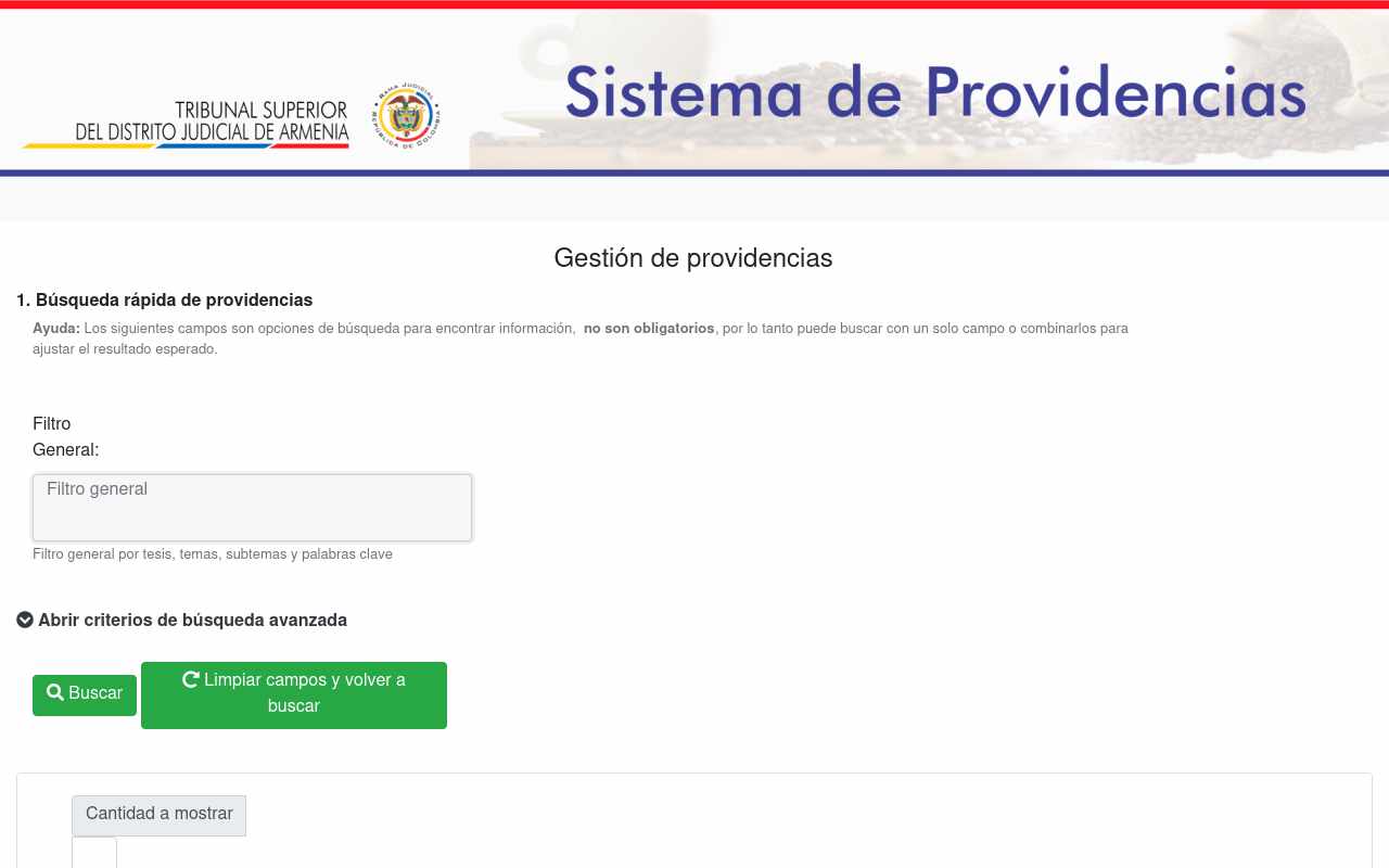 Pantalla de providencias.tribunalsuperiorarmenia.gov.co